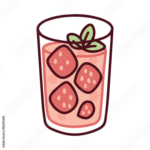 A glass of cold strawberry drink containing fruit pieces and mint leaves. A refreshing summer cocktail, juice, or compote to quench thirst.