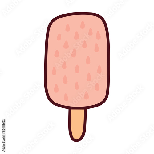 A pink strawberry popsicle on a wooden stick with seed texture. A frozen fruit lolly or sorbet treat, perfect for cooling down in the summer heat.
