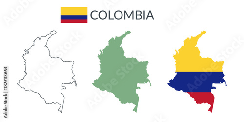 Colombia geographical borders isolated on white background. Flag of Colombia. Vector flat cliparts.