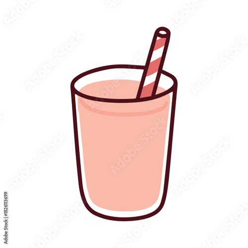 A glass of creamy pink strawberry milkshake with a red and white striped straw. A sweet dairy smoothie or cold dessert beverage.