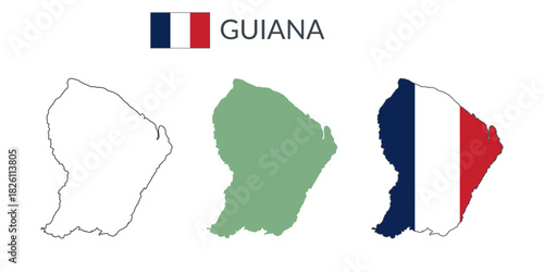 Guiana geographical borders isolated on white background. Flag of Guiana. Vector flat cliparts.