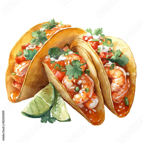 Shrimp Tacos, watercolor painting, vector illustration, isolated on a white background.