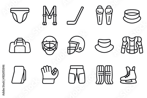 Linear icons of hockey equipment and gear for winter sports and training