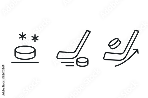 Simple outline icons of hockey sticks and pucks in motion