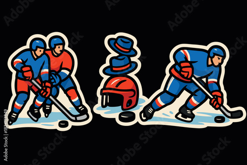 Dynamic hockey players and gear in vibrant cartoon style