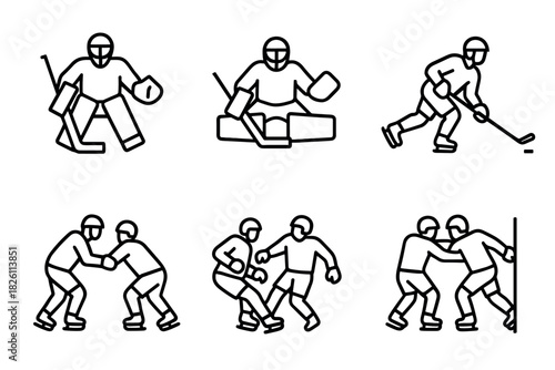 Ice hockey players in action: minimalist line art set depicting dynamic moves on ice