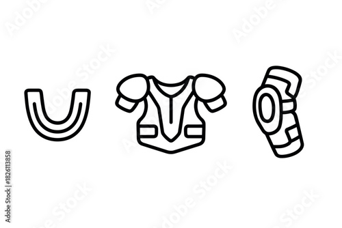 Linear icon set of sports protective gear: mouthguard, shoulder pads, knee brace
