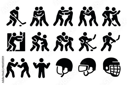 Silhouette icons of ice hockey action scenes and equipment