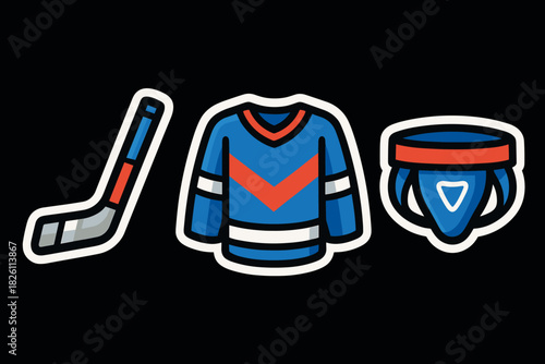 Hockey stick, jersey, and helmet icon set on black background