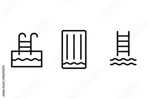 Simple line icons of pool ladders and diving boards for aquatic themes