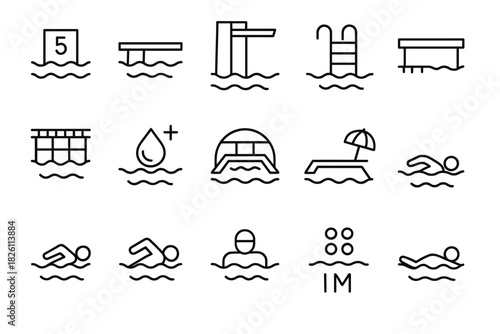 Minimalist swimming pool icons set featuring linear design for summer activities