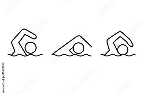 Minimalist line art of swimming strokes: freestyle, breaststroke, butterfly