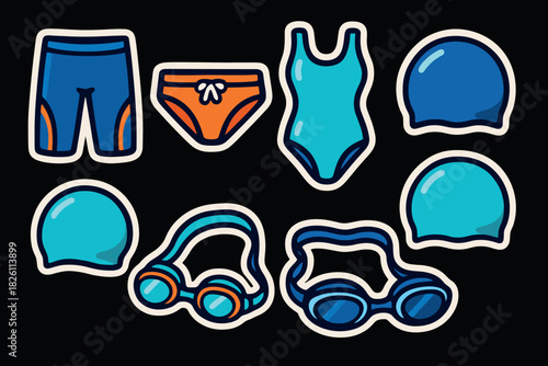 Colorful swimming gear set on black background with outlined design
