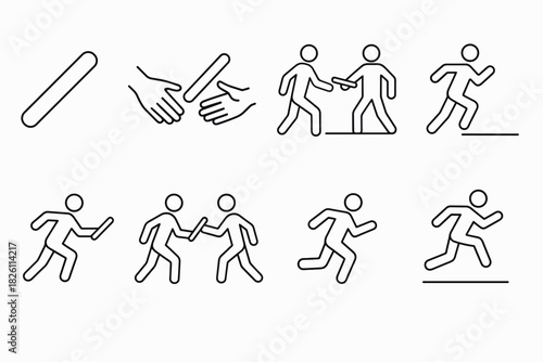 Line art relay race sequence with baton passing and running figures