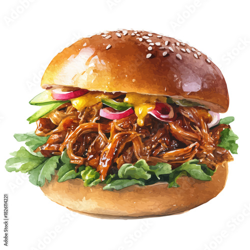 Pulled Pork Sandwich, watercolor illustration, vector style, isolated on a white background.