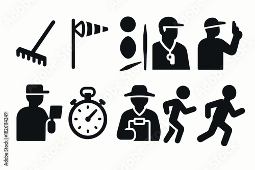 Silhouette sports referee and training icons featuring coaches and athletes in action
