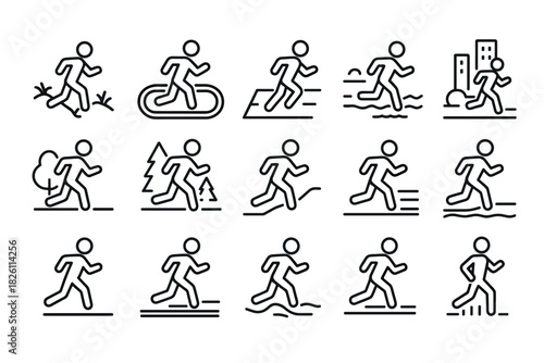Linear icons of running person in varying terrains and environments