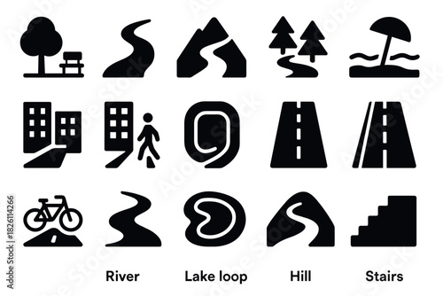 Minimalist black icons of roads, nature, and urban elements