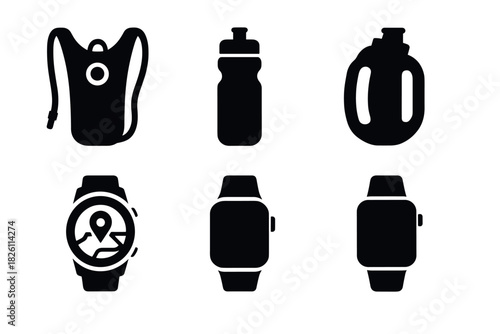 Silhouette icons of hydration packs, water bottles, and smartwatches