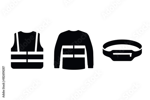 Minimalist icon set of safety vest, jacket, and belt on white background