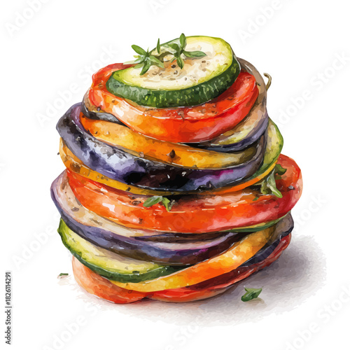 Watercolor vector illustration of Ratatouille, isolated on white background.