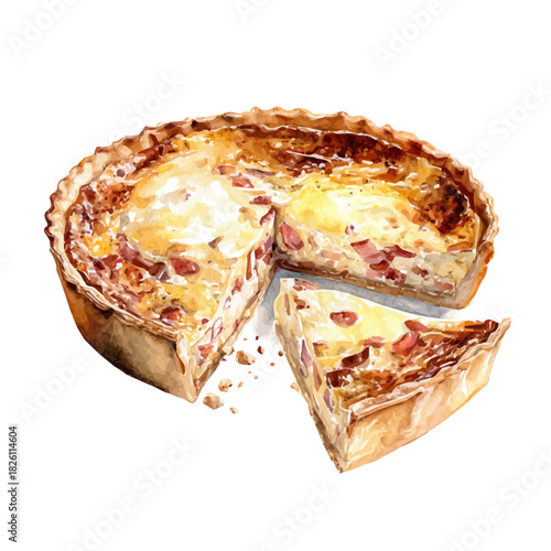 Watercolor illustration of Quiche Lorraine, vector artwork, isolated on white background.