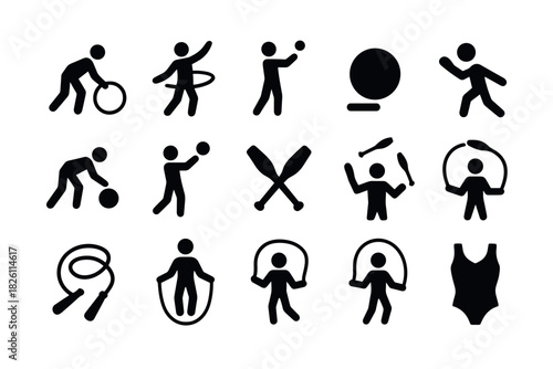 Silhouette icons of fitness and sports activities featuring various equipment