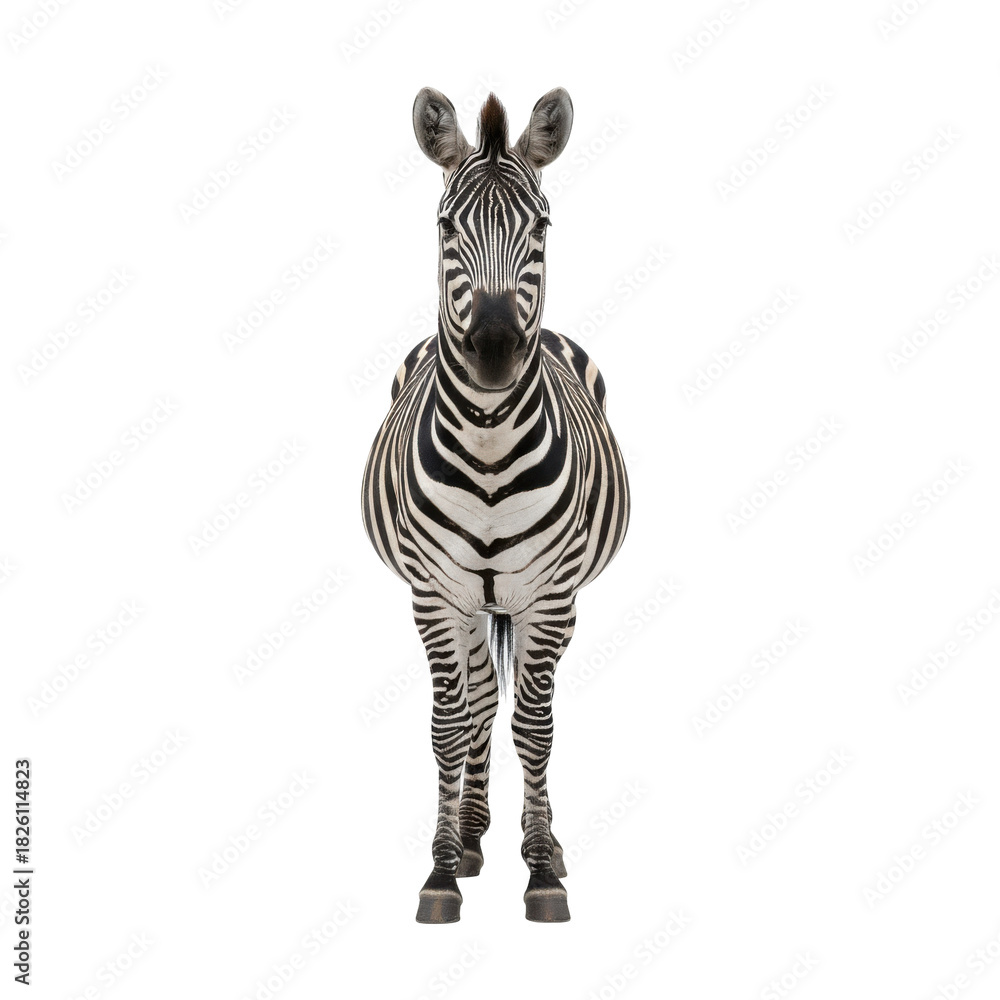 Naklejka premium Striking full body portrait of a zebra facing forward against a solid black background
