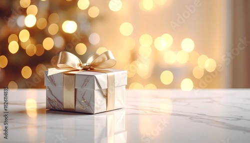 Gift Box Golden Bow Bokeh Light Celebration Scene