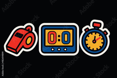 Colorful sports equipment on black background: whistle, stopwatch, and scoreboard