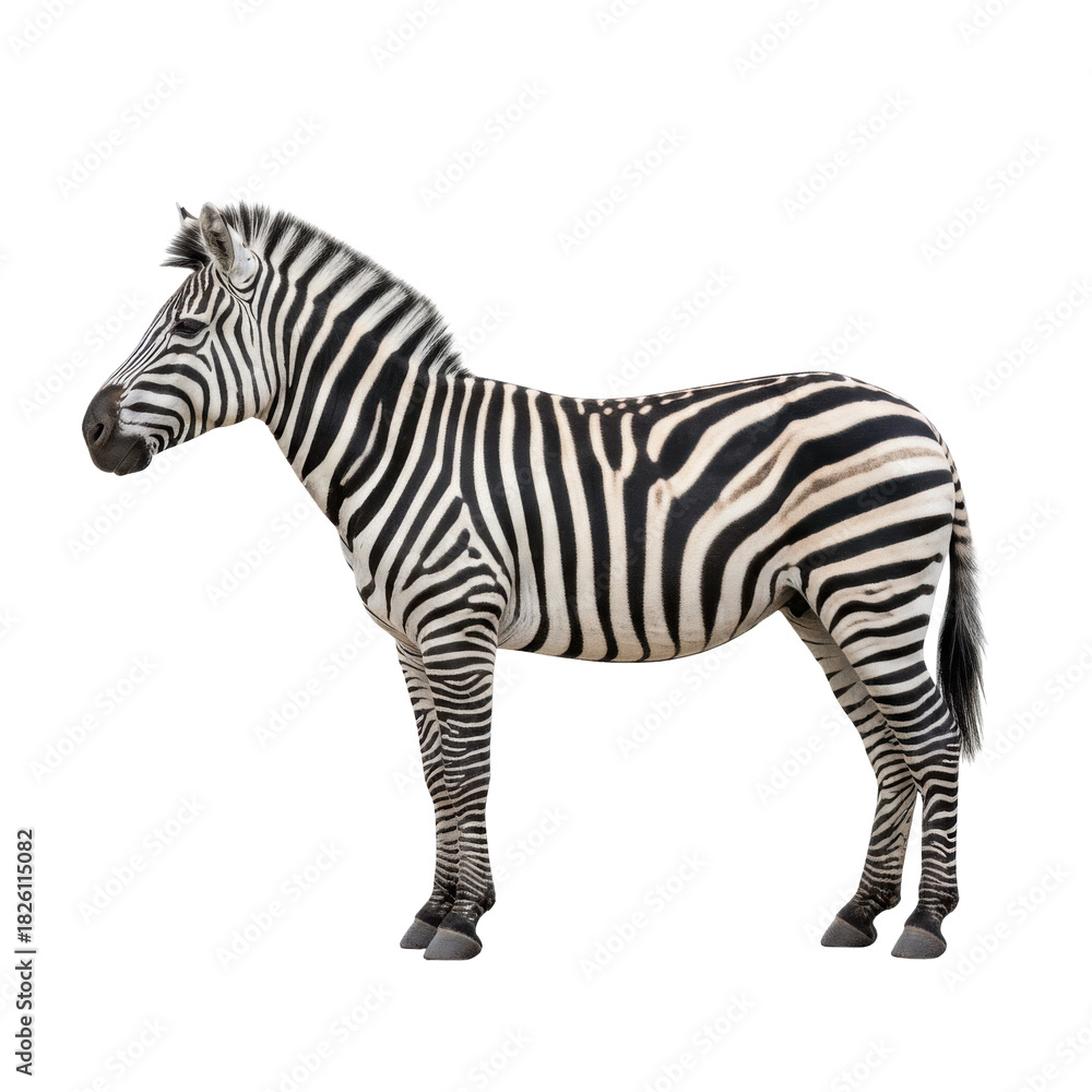 Naklejka premium Striking Profile View of a Majestic Zebra with Distinct Black and White Stripes Against a Solid