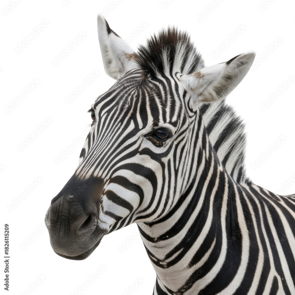 Obraz premium Striking close-up portrait of a majestic zebra against a stark black background