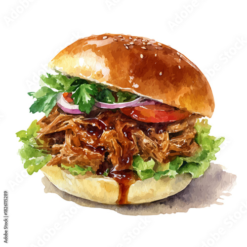Pulled Pork Sandwich, watercolor painting, vector illustration, isolated on a white background.