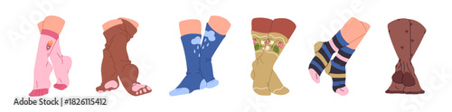 Set of female feet in socks. Women's legs in stocking in different poses. Foot on toes in various cotton hosiery or ornamented nylon tights.. Flat isolated vector illustrations on white background