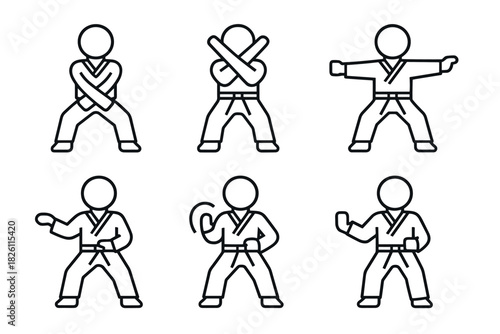 Martial arts poses outline: karate techniques in line art style