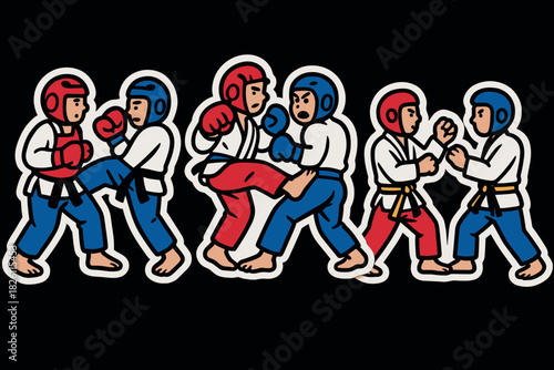 Martial arts cartoon characters sparring in colorful gear on black background