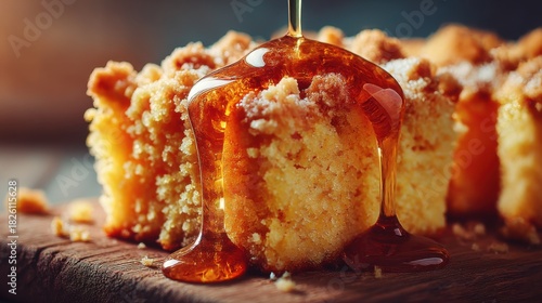 Delicious golden cake with honey drizzled on top served on a wooden board