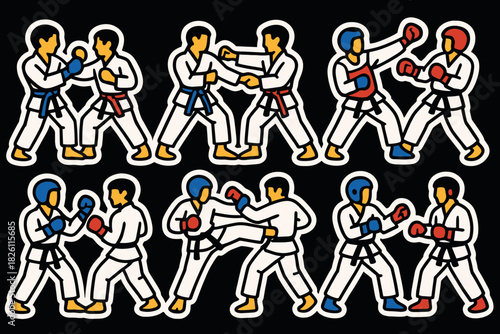 Karate sparring sticker set featuring mixed martial artists in action