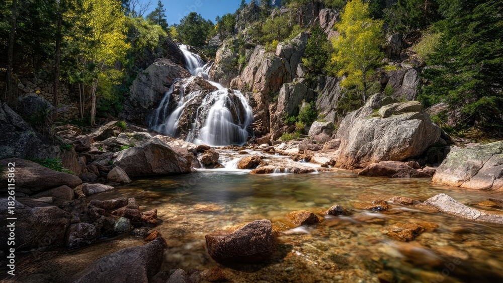 Fototapeta premium Waterfall cascades down rugged rocks into a clear pool, framed by pine trees and large boulders in a forested canyon. Concept Waterfall Photography, Forest Canyon & Pines, Mossy Rocks and Boulders