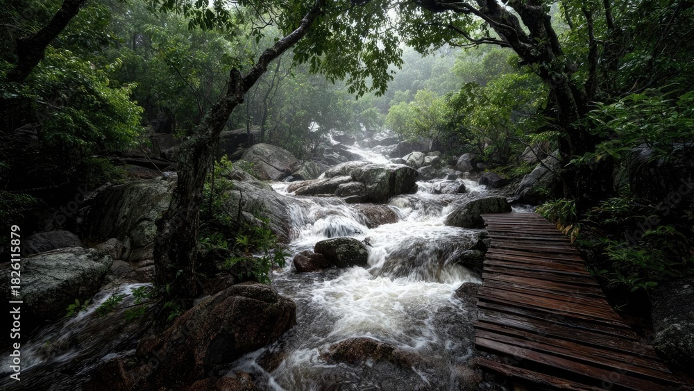 Obraz premium Wooden boardwalk along a rushing, rock-strewn stream in a dense green forest. Concept Wooden boardwalk, rushing stream, rock-strewn banks, dense green forest, serene nature