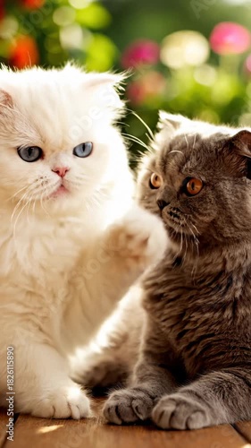 Two Cute Cats, White Persian and Gray Scottish Fold, Sitting Together Outdoors