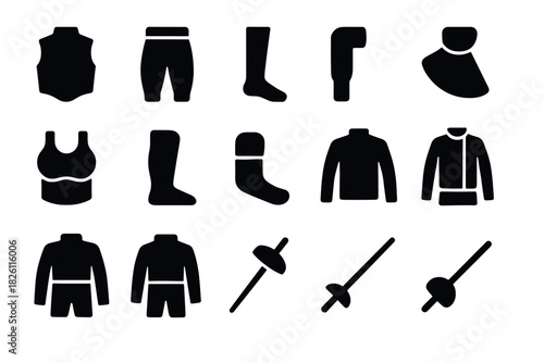 Fencing equipment icons set: masks, suits, shoes, and swords in bold silhouette style