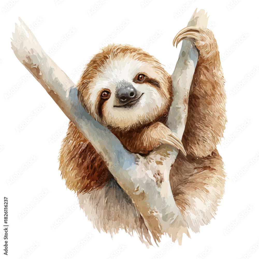 Naklejka premium Watercolor vector illustration of Sloth, isolated on white background.