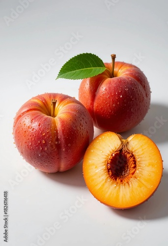 apples and peach on a white background