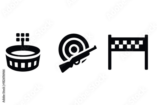 Sport pictograms: stadium, shooting, and racing icons in bold style