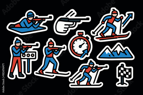 Winter sports icons: biathlon, skiing, and shooting in bold outline style