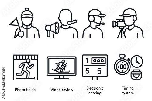 Linear icons of sports event equipment and technology in modern competitions