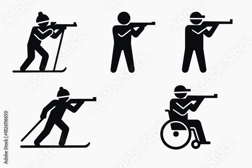 Biathlon icons: skiing and shooting activities in diverse styles