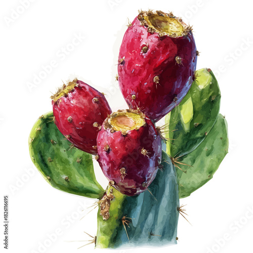 Watercolor vector illustration of Prickly Pear, isolated on white background.