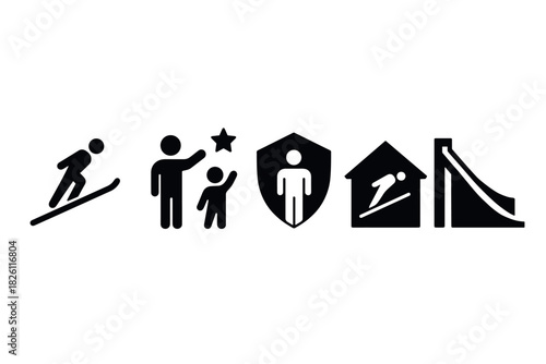 Set of activity and protection icons in minimalist black silhouette style